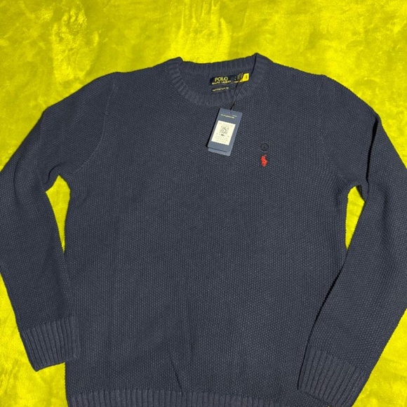NWT Polo Ralph Lauren Men's Cotton Knit Crewneck Sweater In Blue Large - Picture 1 of 14